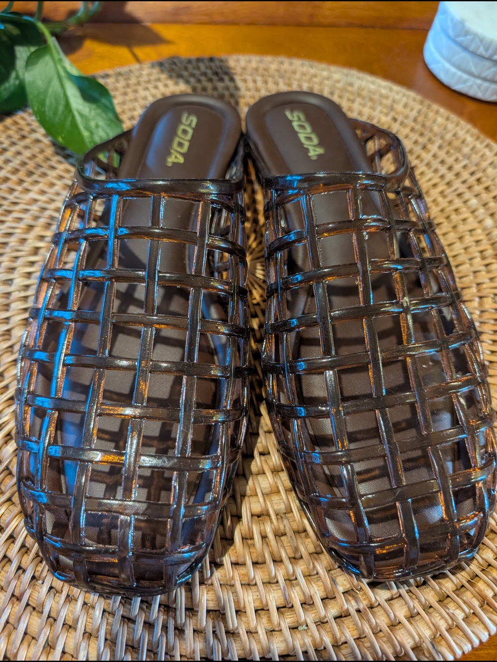 SODA Brown Jelly Weave Slide Sandals